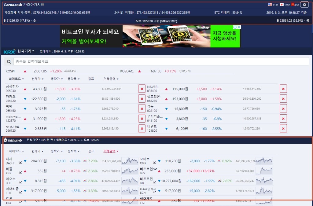 GAZUA.CASH UI screenshot - exchange/coin comparison view